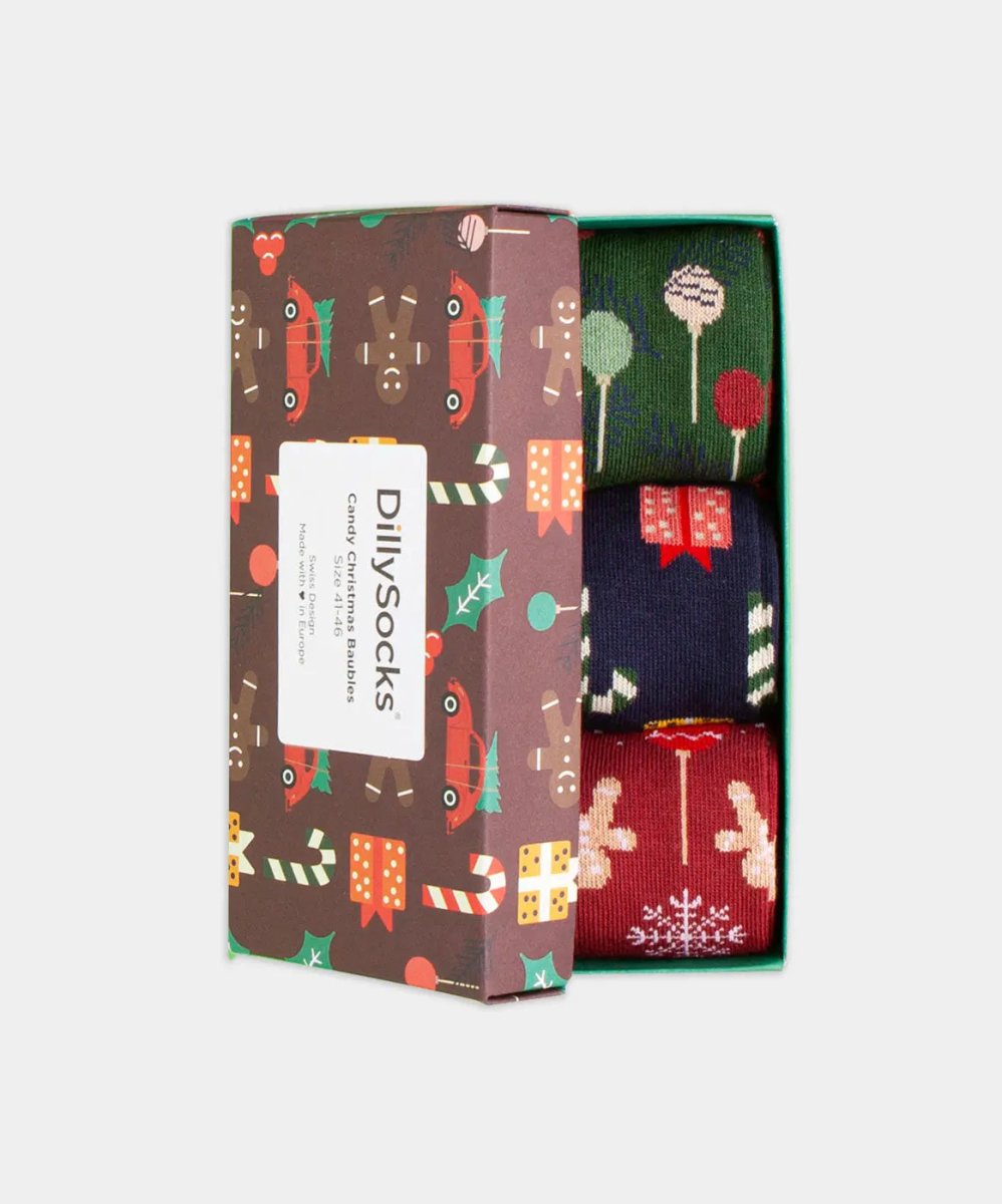 Socken - Geschenkbox Candy Christmas Baubles (3er Box) von DillySocks